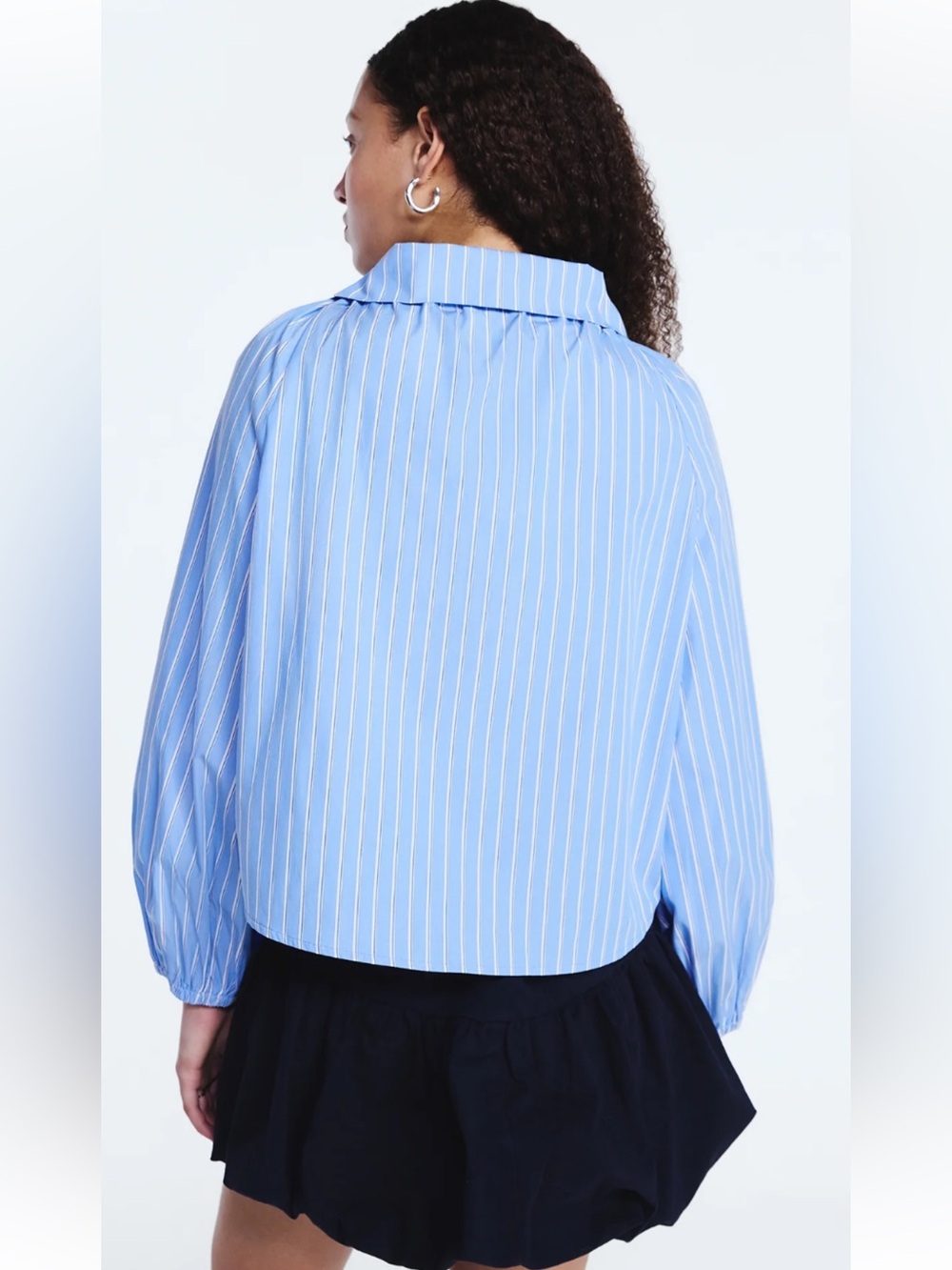 FREE ASSEMBLY Light Blue Striped Ruffle Tie-Neck Blouse Poplin Cotton Top Size M - Picture 4 of 9
